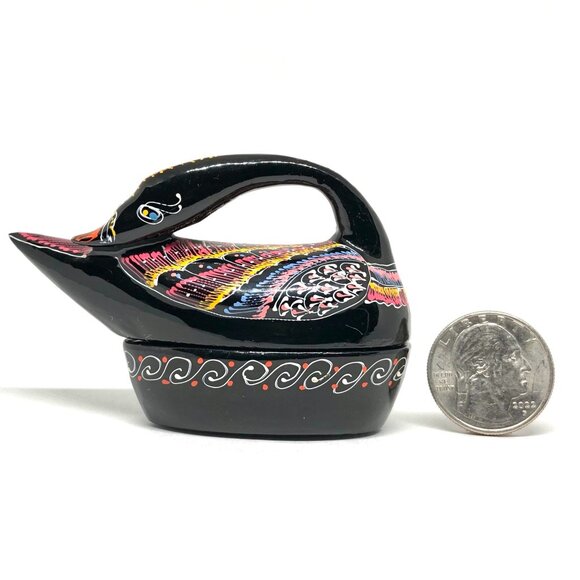Black Lacquered Wood Trinket Box Black Swan Bird Duck hand painted Thailand - Picture 14 of 14
